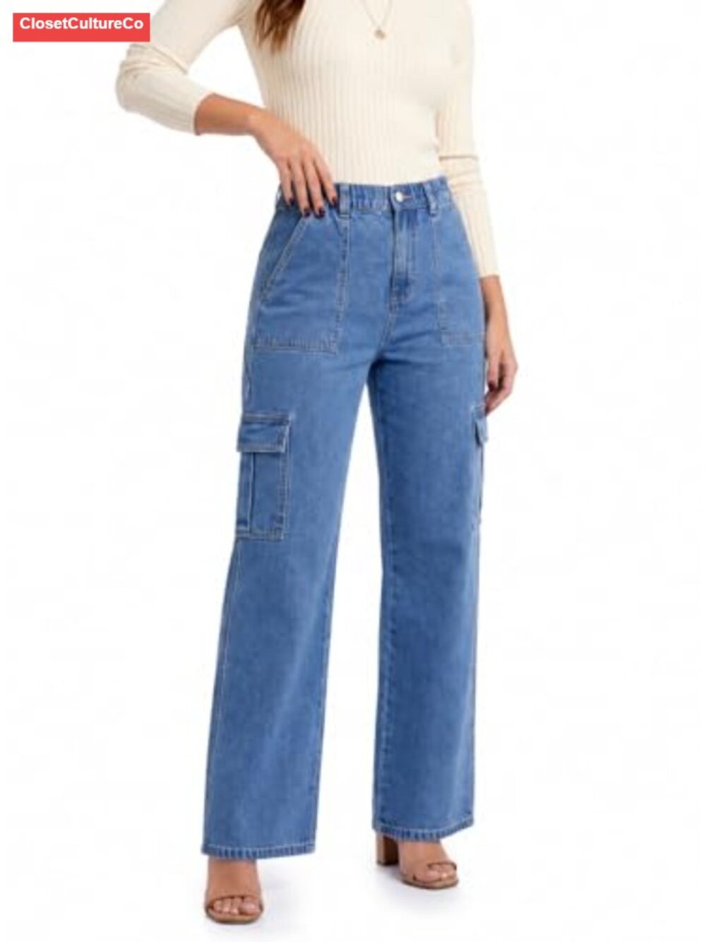 Cargo Jeans Straight Leg Elastic Waist Cotton Blend Denim